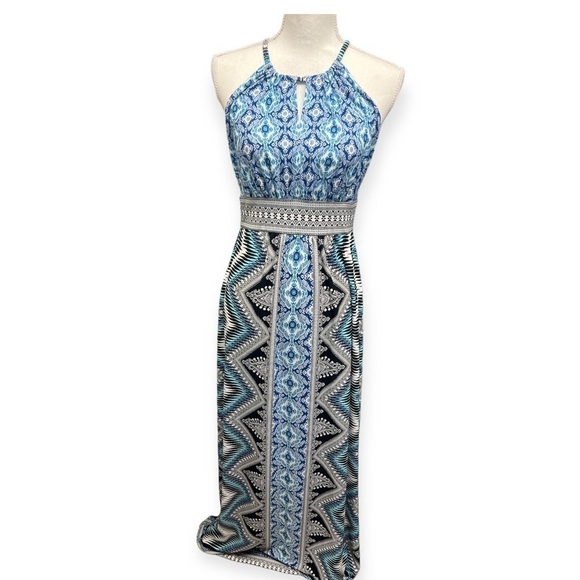 Free People Maxi Halter Dress Sleeveless Column Dress Blue, White & Black Sz S - Picture 2 of 10